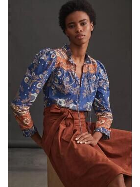 Anthropologie Love the Label Ruffle V-Neck Peasant Blouse Orange Blue Size M
